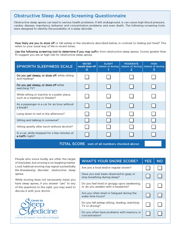Sleep Apnea Screening Tool Comanche County Memorial Hospital
